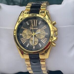 Men's Geneva Gold Tone Chronograph Style Watch Black Dial Quartz Movement